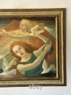 Peinture à l'huile impressionniste ancienne de femme dans un style d'art déco moderne, Carl Lella, vintage 1940.