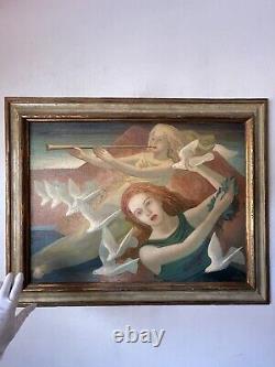 Peinture à l'huile impressionniste ancienne de femme dans un style d'art déco moderne, Carl Lella, vintage 1940.