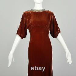 Petite Robe De Velours En Soie Des Années 1930 Tawny Old Hollywood Glamorous Gown Soirée Vtg 30s