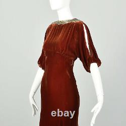 Petite Robe De Velours En Soie Des Années 1930 Tawny Old Hollywood Glamorous Gown Soirée Vtg 30s