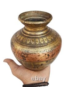 Pot à eau en laiton rare gravé à la main Ganga-Jamna antique vintage des années 1850