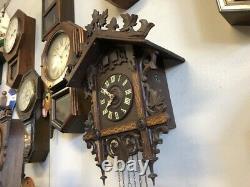 Rare Antique Allemand Gebr-lehnis Vieille Main Sculptée Chemin De Fer Quai Coucou Horloge