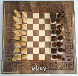 Set D'échecs En Bois Soviétique Sculpté À La Main 70s Vintage Urss Antique Big Old