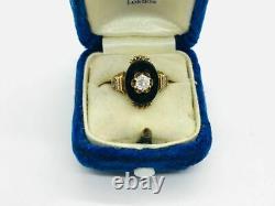 Victorian 18k Or Noir Onyx 1/3ct Vieille Mine Coupée Bague Diamant
