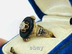 Victorian 18k Or Noir Onyx 1/3ct Vieille Mine Coupée Bague Diamant