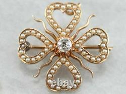 Vieille Et Antique Mine Cut Diamond & Seed Pearl Brooch Pin 10k Yellow Over