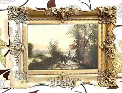 Vieille Toile D'huile Antique Paysage Chevaux Peinture Gilt Frame Vieux