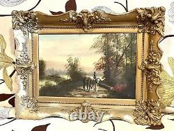 Vieille Toile D'huile Antique Paysage Chevaux Peinture Gilt Frame Vieux