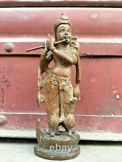 Vieille Vieille Main Sculptée Bois Hindu Dieu Krishna Rare Figure Statue Collectible