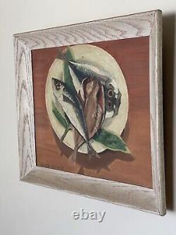 Vieille Vinture Antique Japonese Abstrate Moderne Poissons Painting Akira Koike 1960