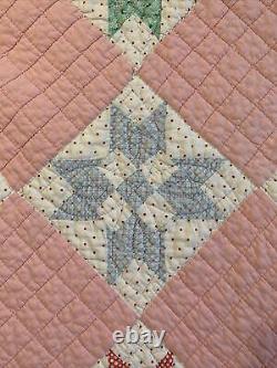 Vieux Quilt 8 Point Étoile 72x78 Pink Hand Quilted Great Old Tissu