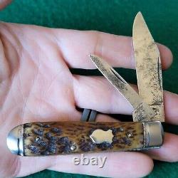 Vieux couteau de poche pliant Jack en os de cerf Shapleigh HDW antique et vintage