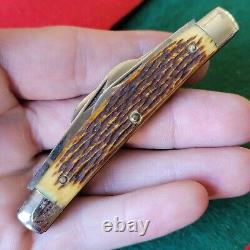 Vieux couteau de poche pliant congress avec manche en os d'acier de reine, ancien et d'époque