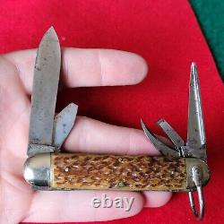 Vieux couteau de poche utilitaire Scout allemand en os avec rainure de ver à bois ancien