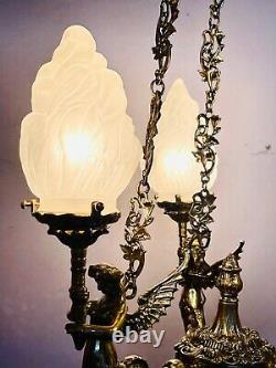 Vintage Ancien Vieux Art Nouveau Sirène Plafond Suspendu Chandelier Lampe Lumière