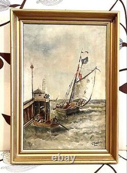 Vintage Antique 1905 J. Davis Toile À L'huile Port Voiliers Peinture Cadre Vieux