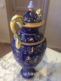 Vintage Grand Polychrome Gien Vase Renaissance Terrestre Couvercle Bleu Dolphins Vieux