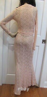 Vtg 30s Blush-pink Old Hollywood Bias-cut Floral Lace Fishtail Gown +bolero Jckt