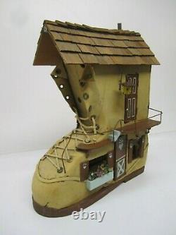 Vtg Old Woman Lived In Shoe Homemade Boot Lighted Doll House&furniture Folk Art