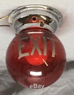 Vtg Théâtre Art Déco Exit Sign Ruby Red Glass Ceiling Light Fixture Old 571-18e